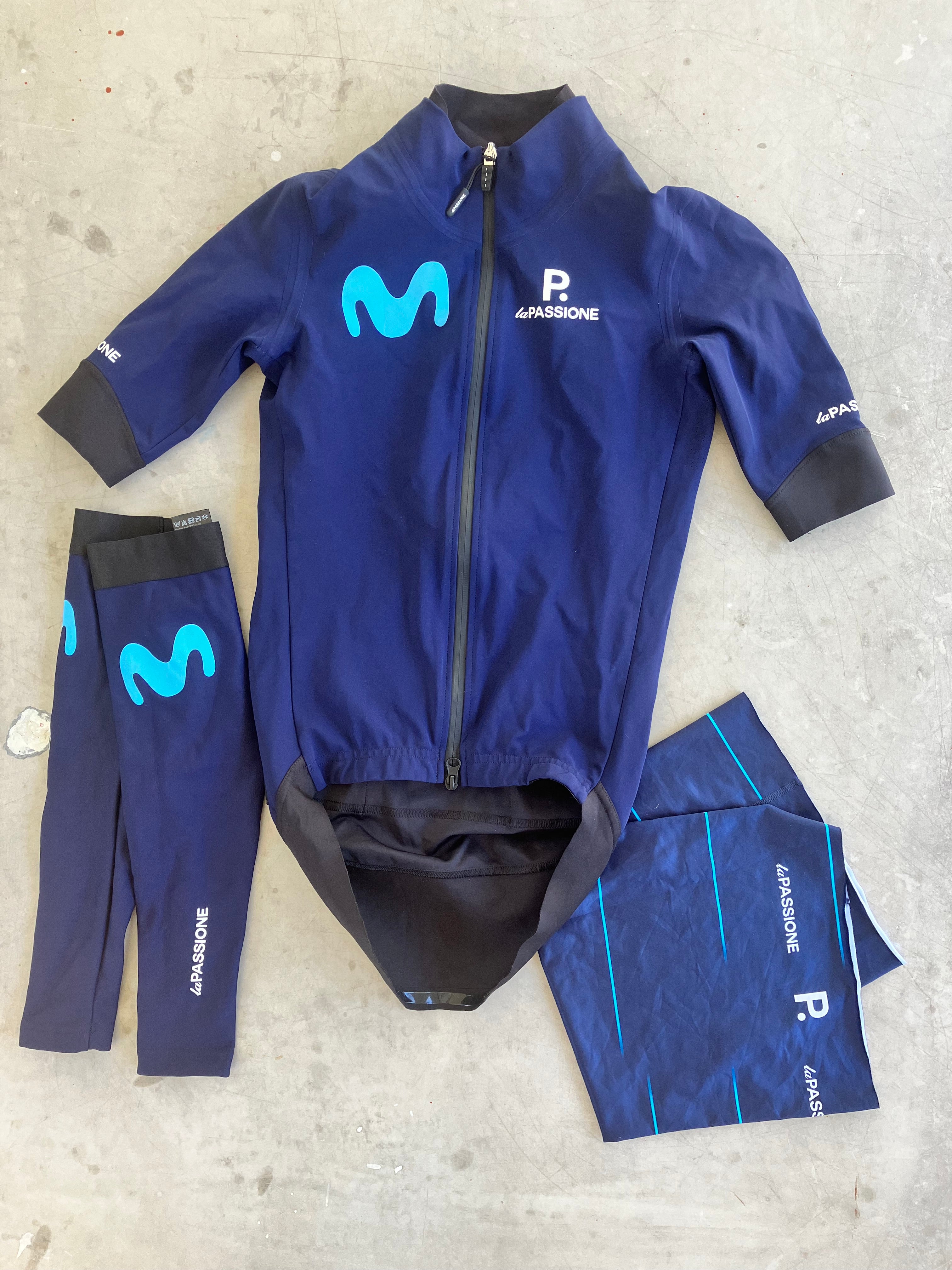 Movistar | La Passione Bundle - Short Sleeve Gabba Jacket, Arm Warmers, Buff | XS | Rider-Issued Pro Team Kit