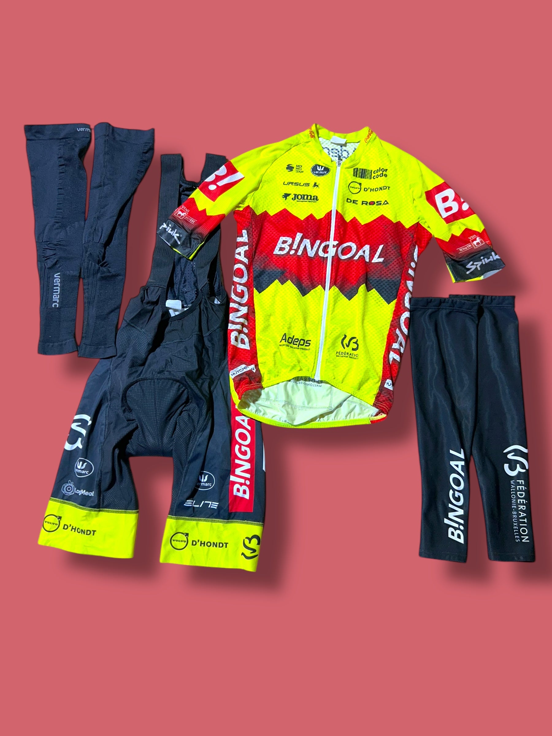 Aero Jersey, Bib Shorts, Arm Leg Warmers Bundle| Bingoal Vermarc| Pro Cycling Kit