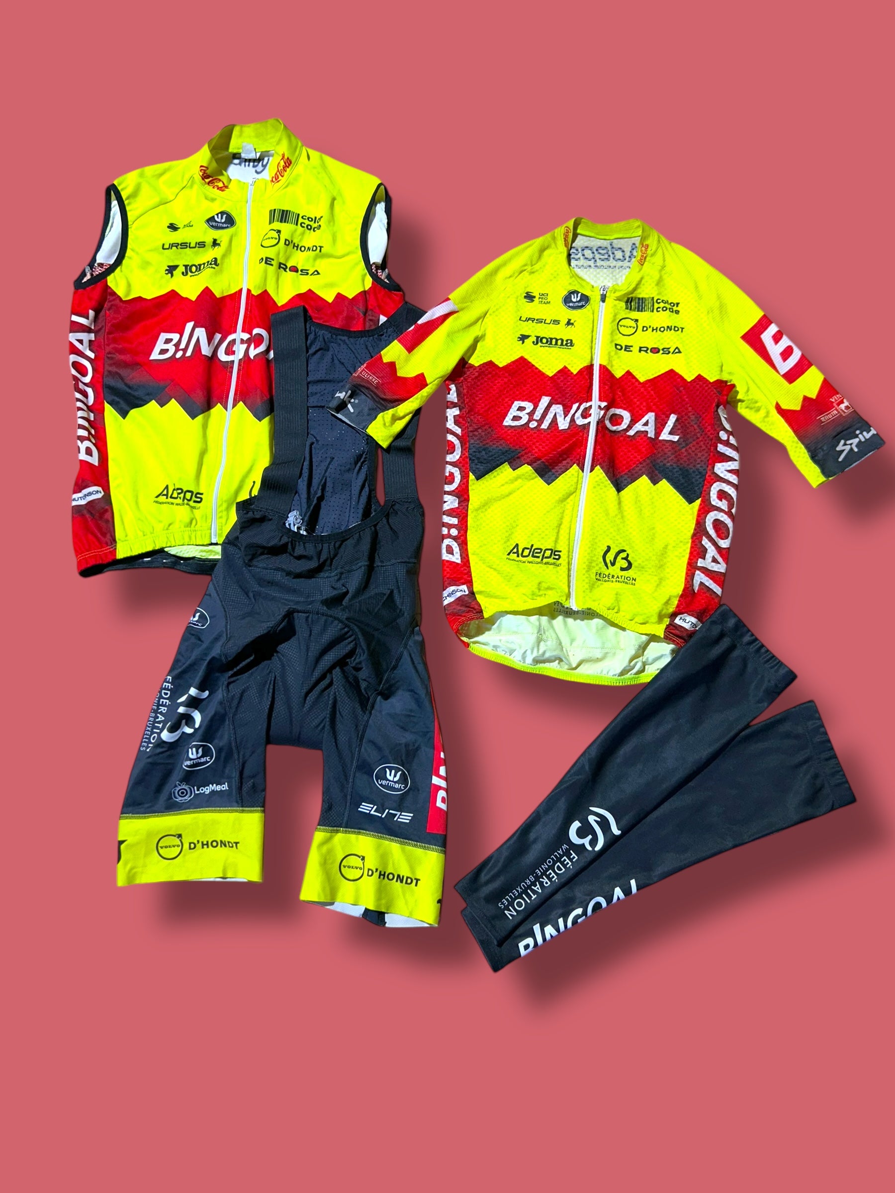 Aero Jersey, Bib Shorts, Vest and Arm Warmer Bundle| Bingoal Vermarc| Pro Cycling Kit