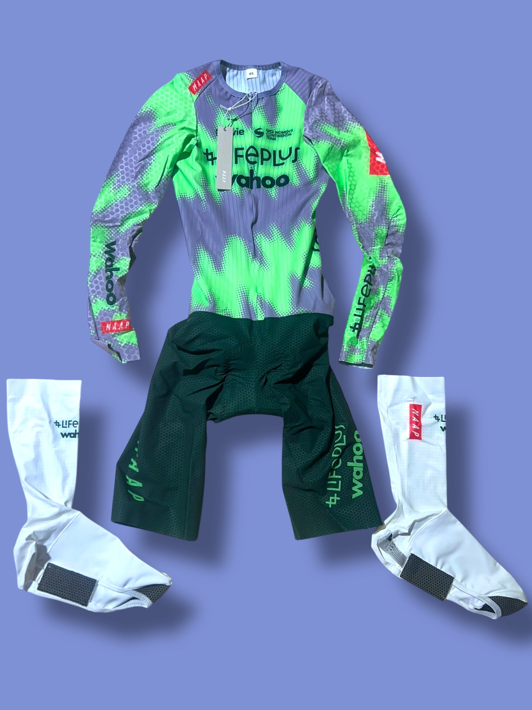 Women's TT Suit and Aero Shoe Covers Booties Bundel Time Trial  | Lifeplus Wahoo  | MAAP  | Pro Cycling Kit