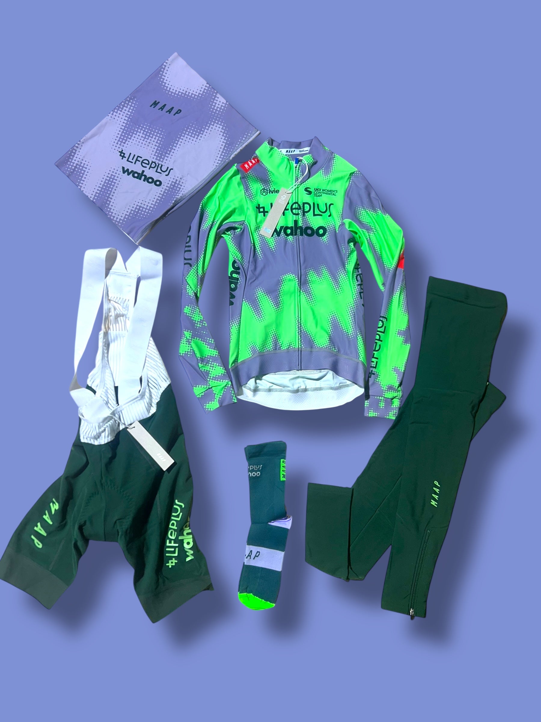 Women's Long Sleeve Thermal Winter Jersey, Winter Bib Shorts, Leg Warmers, Socks and Buff    Bundle  | Lifeplus Wahoo  | MAAP  | Pro Cycling Kit