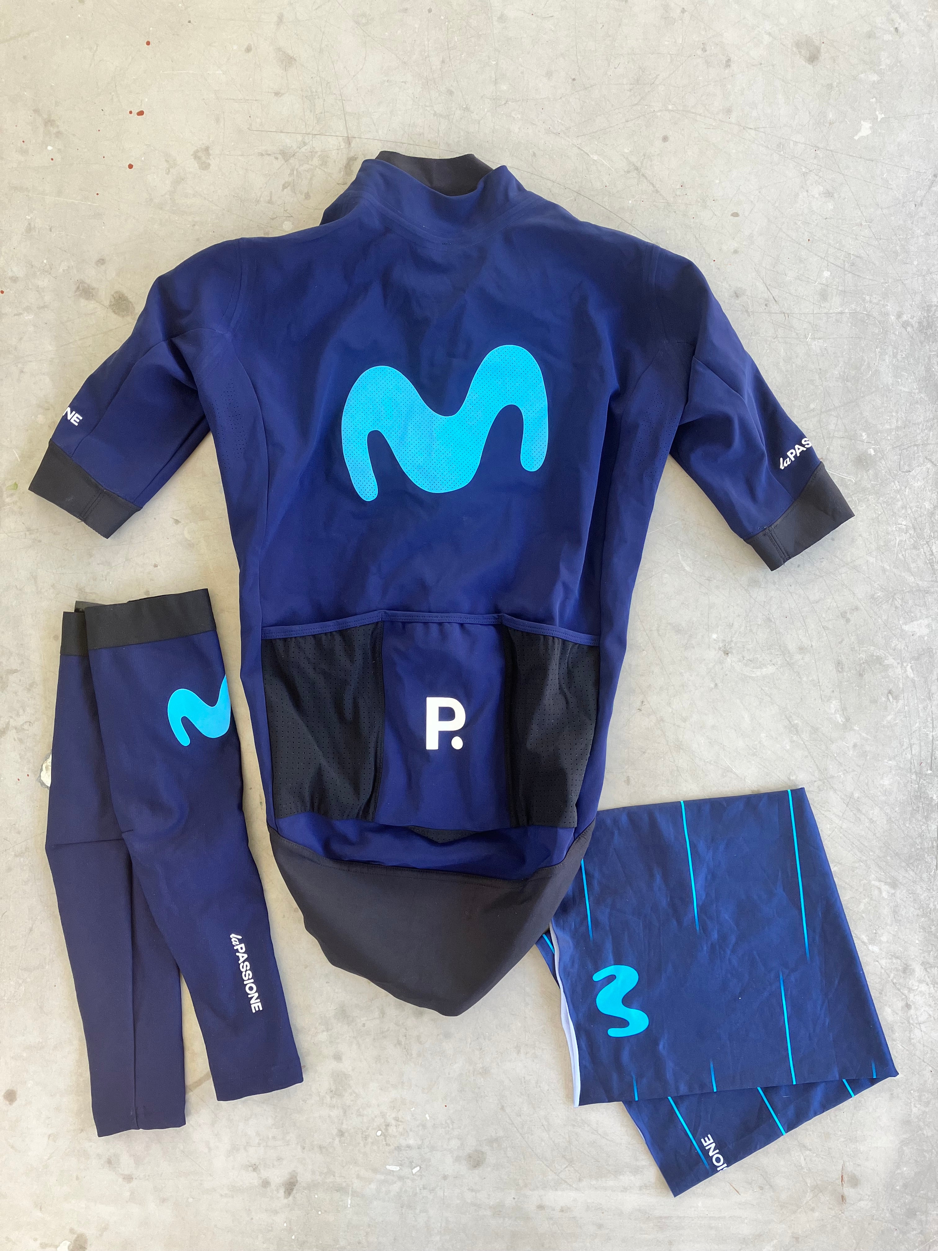 Movistar | La Passione Bundle - Short Sleeve Gabba Jacket, Arm Warmers, Buff  | XS | Rider-Issued Pro Team Kit